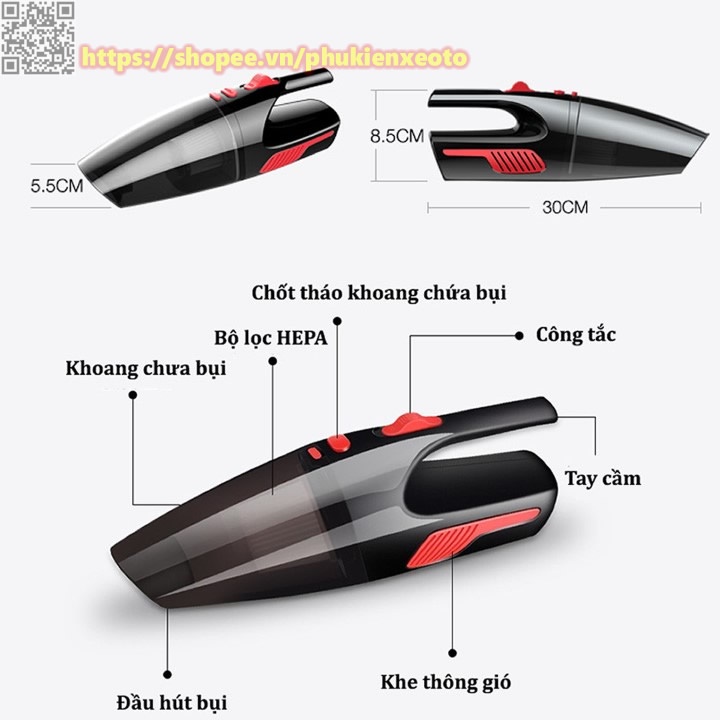 Máy hút bụi ô tô, xe hơi - Máy hút bụi cầm tay mini điện áp 12V cho ô tô xe máy tiện lợi