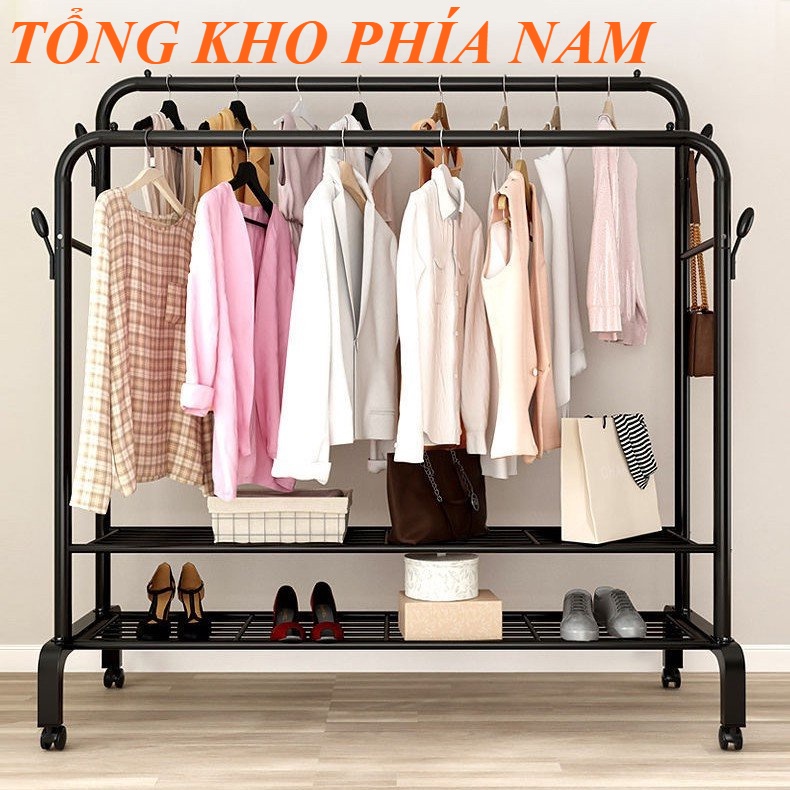 Giá Kệ Treo Quần Áo, Giàn Phơi Đồ 2 Thanh 2 Tầng Thông Minh 3 Trong 1 Phong Cách Hàn Quốc - TỔNG KHO PHÍA NAM