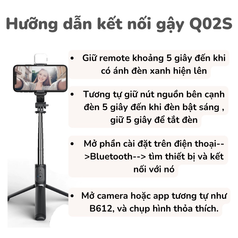 Gậy chụp ảnh tự sướng Bluetooth Q02S có đèn LED trợ sáng-giá đỡ điện thoại đa năng gấp gọn bỏ túi