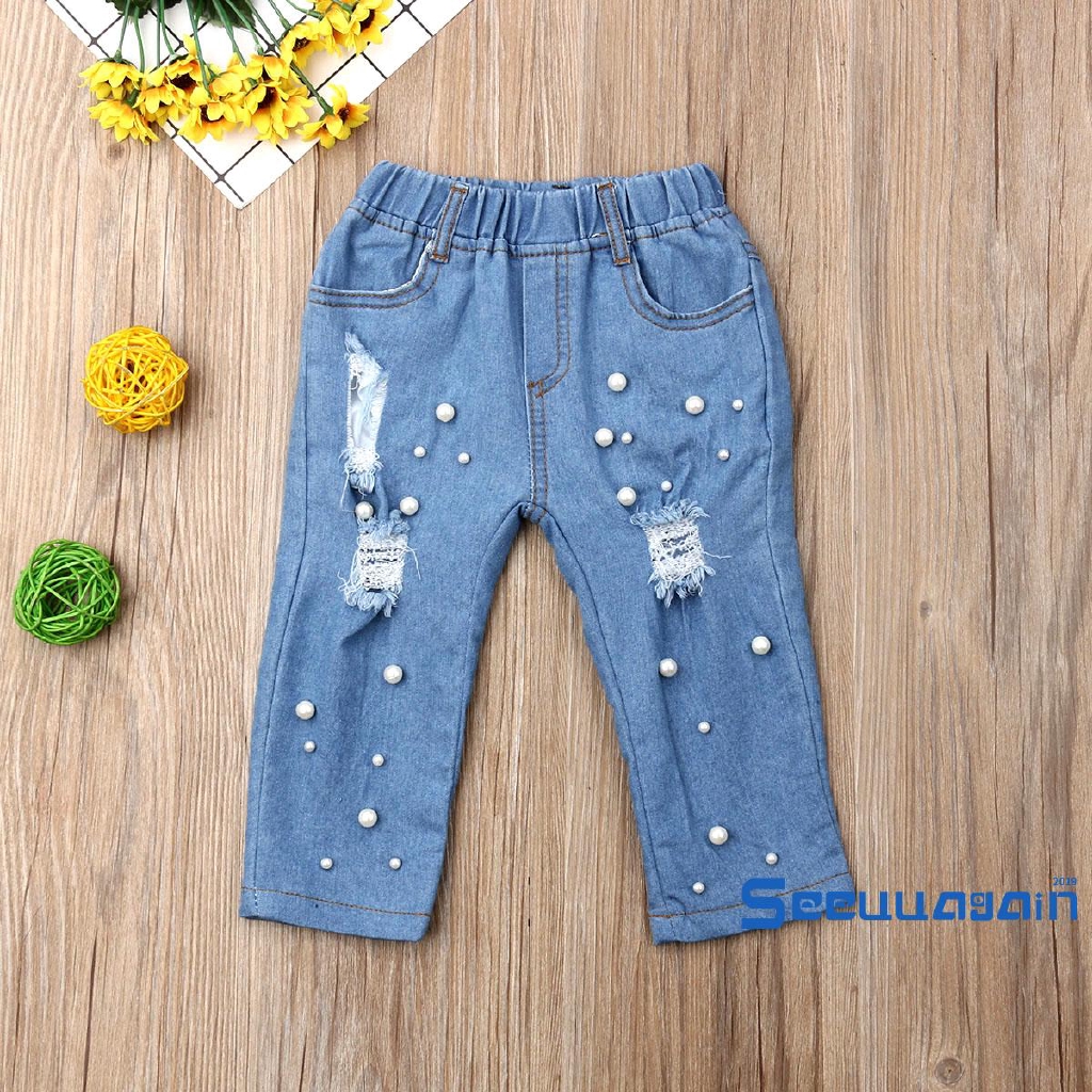 Quần jeans dài phối rách thời trang cho bé gái