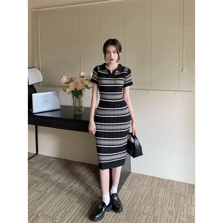 Đầm len sọc body cổ bẻ dáng dài