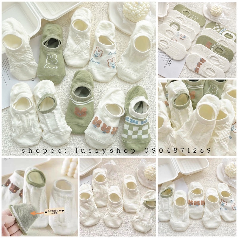 Set Tất Lười Nữ Vintage Chất Cotton Mềm Mịn Vớ Cổ Ngắn Hoạ Tiết Dễ Thương Đế Silicon