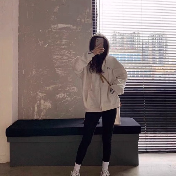 Áo khoác cardigan dáng rộng có mũ trùm phối khóa kéo thời trang xuân thu phong cách Hàn Quốc cho nữ