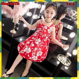 Váy thô hoa 2 dây màu đỏ bé gái size đại 4-10 tuổi vh11