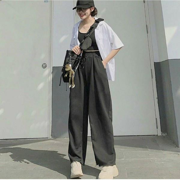 Quần nỉ ống rộng suông trơn 5 màu baisc - Culottes cạp chun vintage, thiết kế đơn giản, phong cách trẻ trung hàn quốc