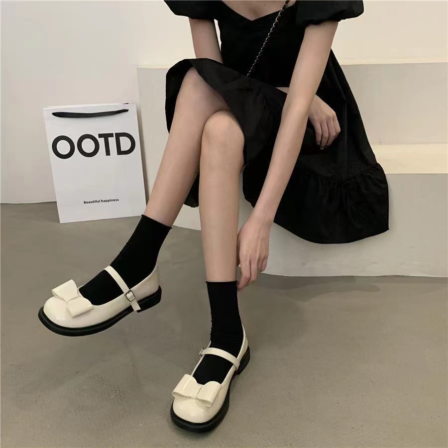 Giày Búp Bê Da Đính Nơ Phong Cách Retro Nhật Bản Cho Nữ