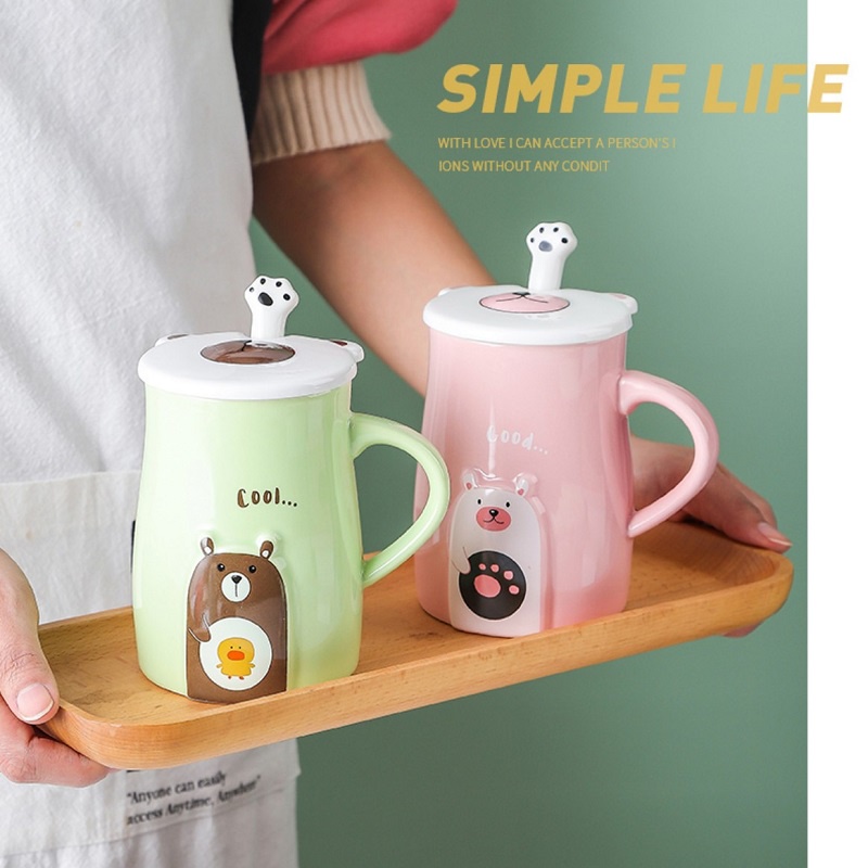 Cốc sứ PASTEL BEAR - HÌNH THẬT, ly sứ IN HÌNH THEO YÊU CẦU CÓ NẮP và THÌA, dung tích 450ml, HỘP QUÀ TẶNG