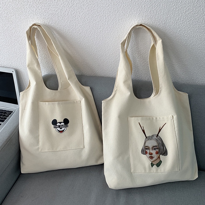 Túi vải  canvas giá rẻ thời trang đeo vai liền thân có ngăn ngoài nhiều hình lamminhstore 283