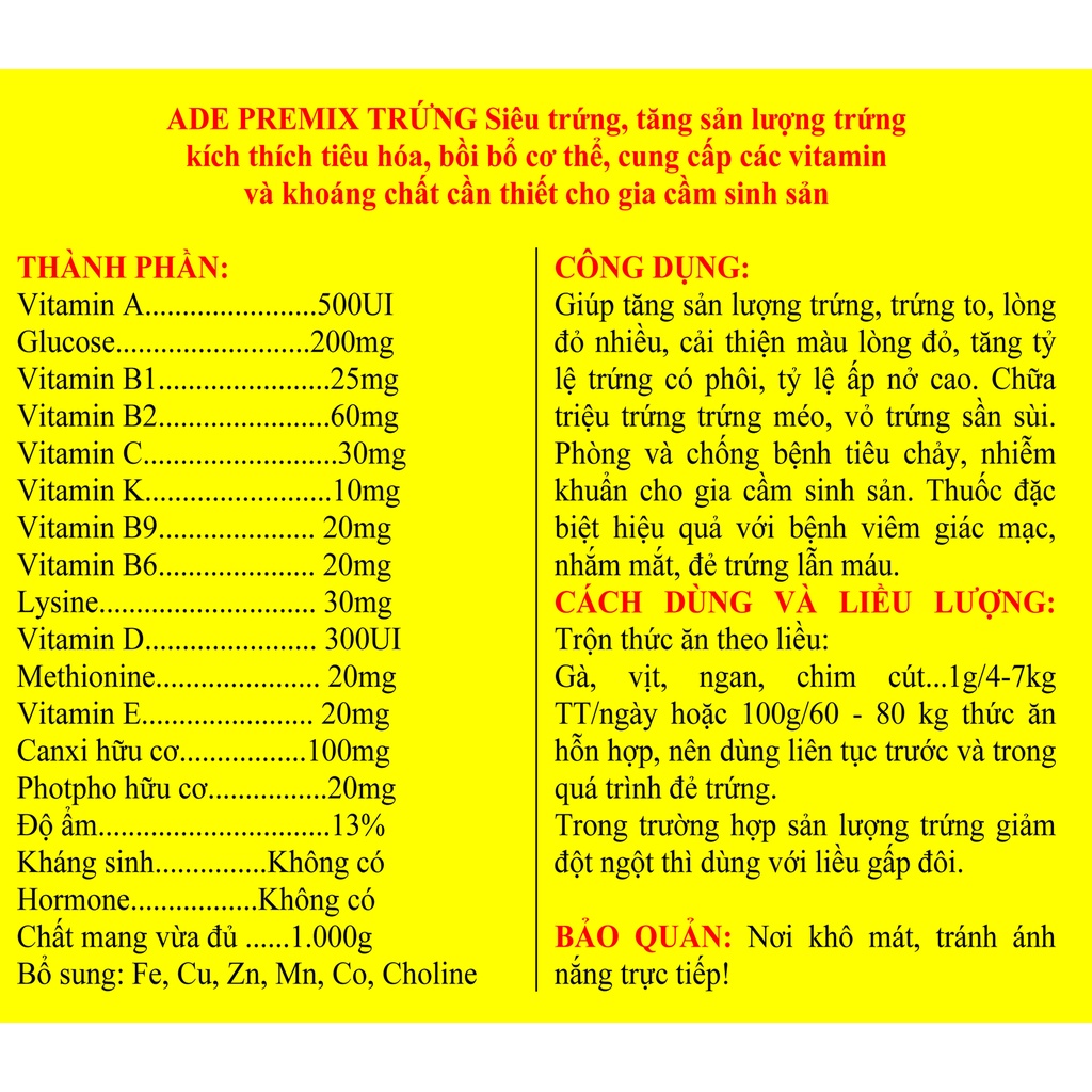 1 gói ADE PREMIX 100gSiêu trứng, tăng sản lượng trứng cung cấp các vitamin và khoáng chất cần thiết cho gia cầm sinh sản
