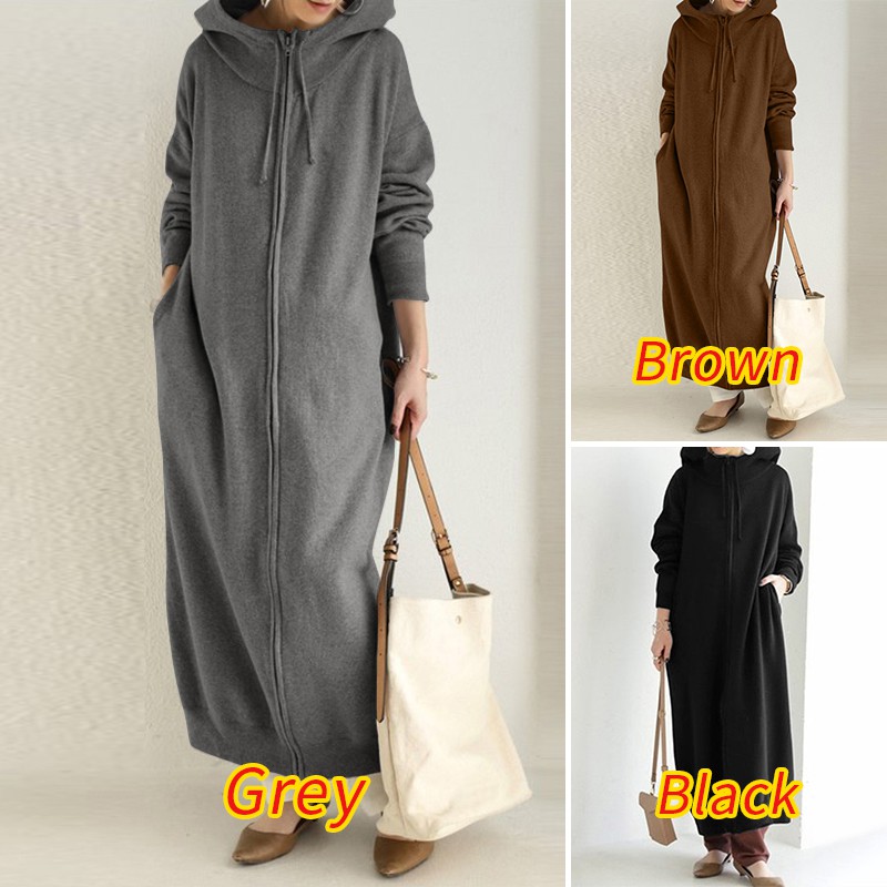 Đầm Hoodie ZANZEA  Dáng Dài Màu Trơn Phong Cách Vintage Cho Nữ