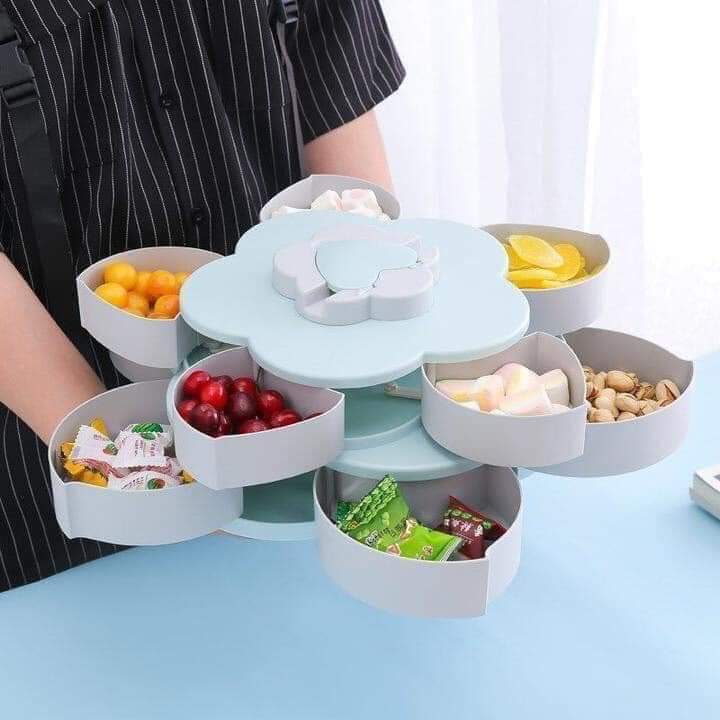 Khay mứt Tết hình hoa sen 2 tầng 10 cánh có giá để điện thoại - Hộp đựng Mứt Tết 2024 Xoay 360 độ