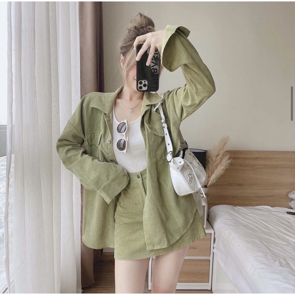 Set bộ đồ nữ - Sét bộ đồ nữ mặc đi chơi áo khoác sơ mi nhung tăm dài tay mix chân váy chữ A trẻ trung