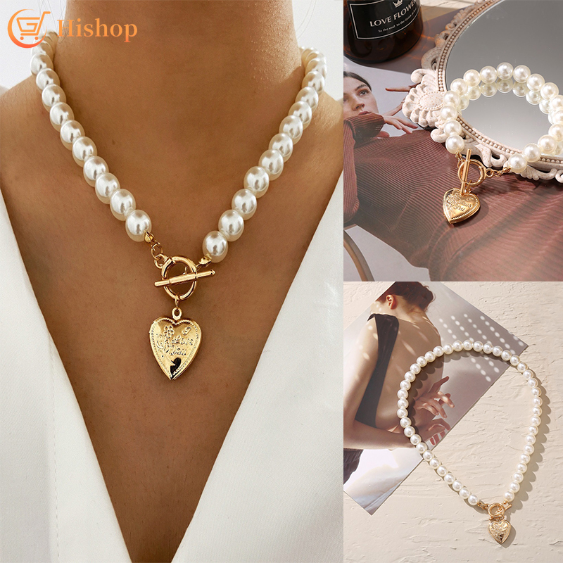 Dây Chuyền Mặt Trái Tim Đính Ngọc Trai Nhân Tạo Phong Cách Hàn Quốc