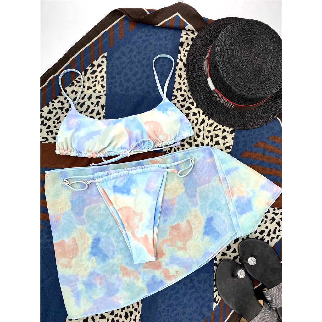 Bikini Tam Giác Loang Xanh Màu Tiedye Xanh Pastel Kèm Váy Cover Up
