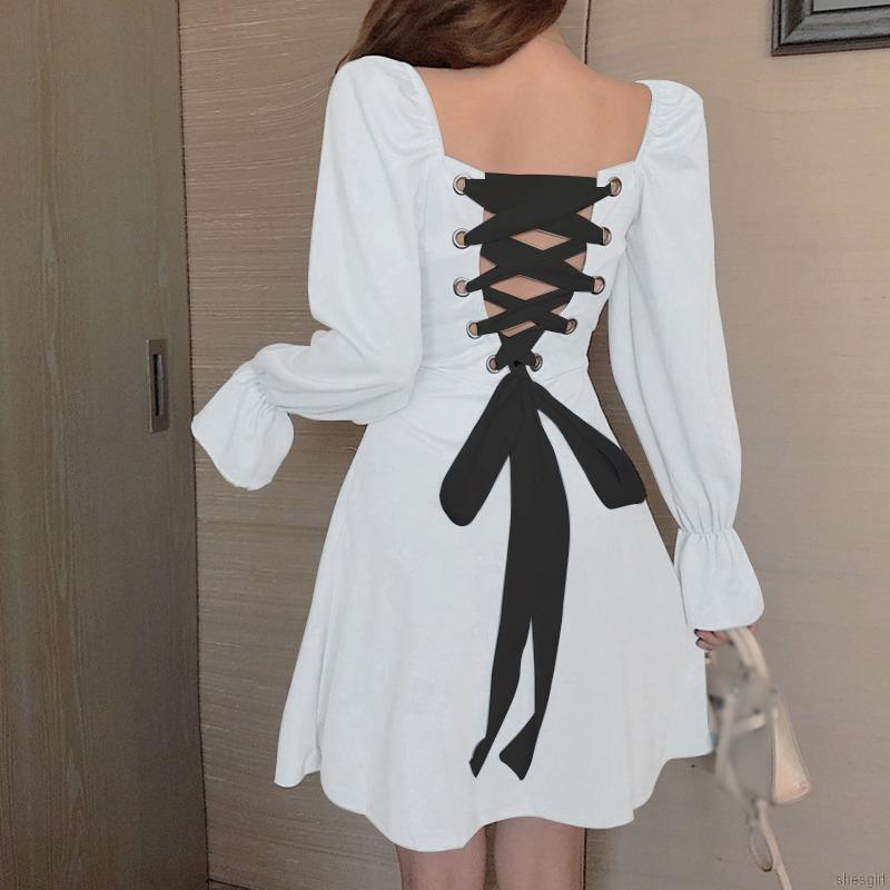 Đầm Cổ Vuông Tay Dài Hở Lưng Cột Dây Thời Trang Quyến Rũ Cho Nữ