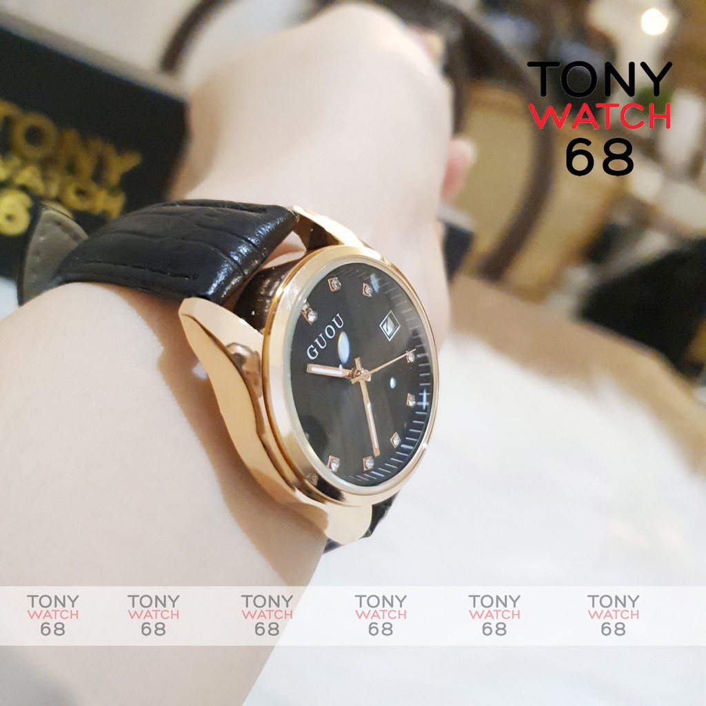 Đồng hồ Guou đẹp dây da đen mặt số ngọc viền mạ vàng chính hãng chống nước | BigBuy360 - bigbuy360.vn
