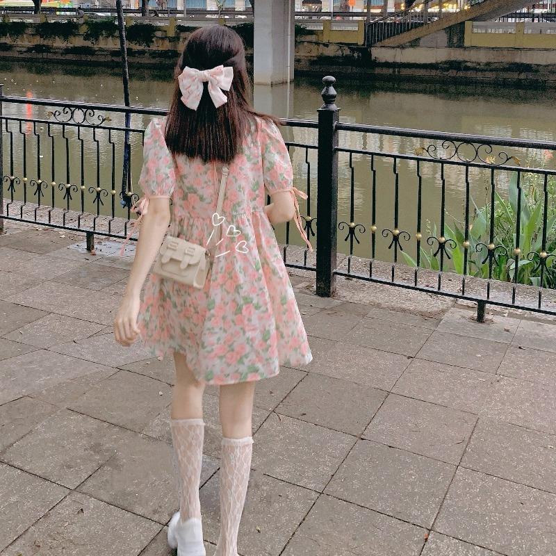 Đầm Búp Bê Tay Phồng In Hoa Kiểu Pháp Dễ Thương