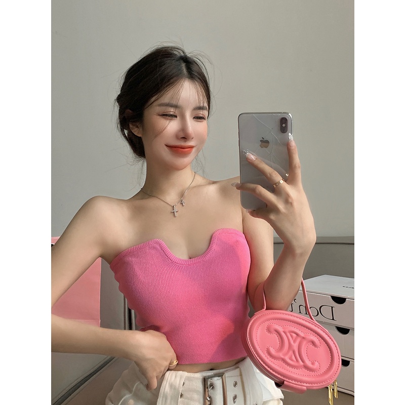 Kumikumi HUANG YOYO Áo Ống Ngắn Dệt Kim Phong Cách Hàn Quốc Thời Trang Dành Cho Nữ croptop không dây áo lót nữ