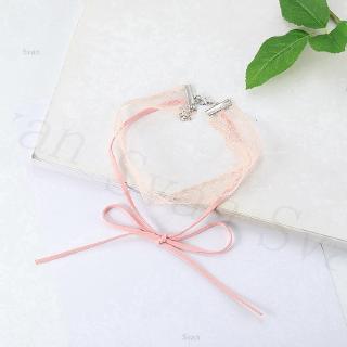 Hàn Quốc lãng mạn màu hồng Choker Ren Cổ Áo Đôi Vòng cổ da lộn nơ dây chuyền thời trang