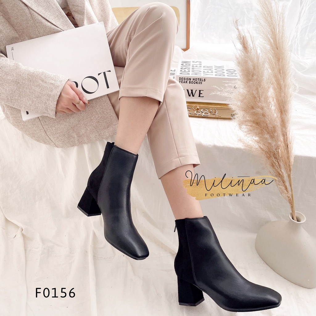 GIÀY BOOTS NỮ GÓT VUÔNG 5P TRƠN MŨI VUÔNG HẬU PHỐI DA LỘN KÉO SAU F0156