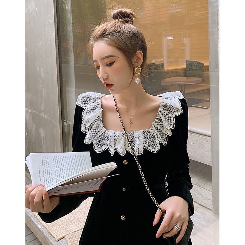 Đầm nhung cổ vuông màu đen phong cách retro Pháp thời trang thu đông cho nữ