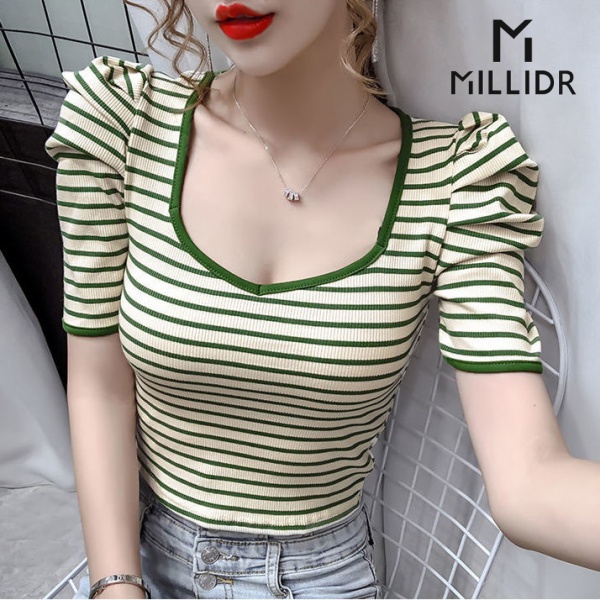Áo ngắn tay sọc cổ vuông lộ xương quai xanh ôm vừa vặn dễ phối thời trang mùa hè cho nữ
