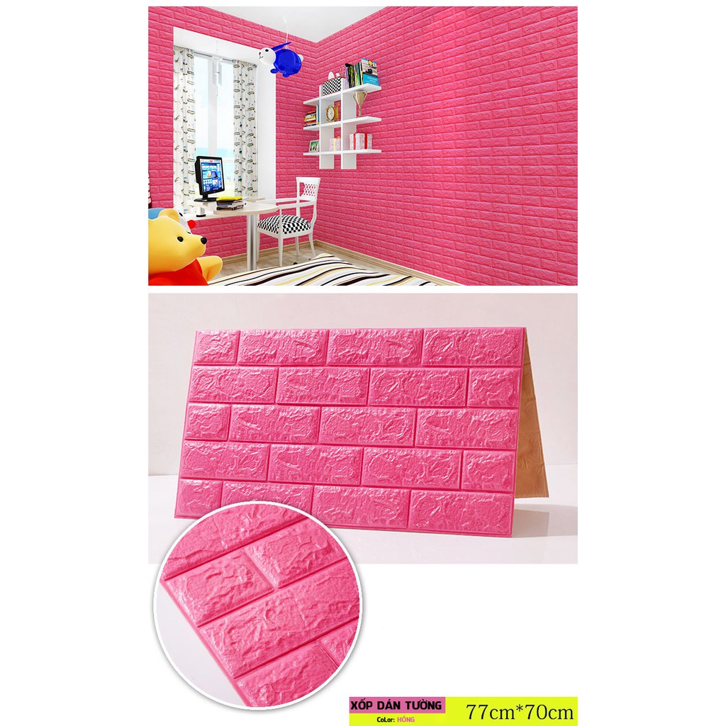 Xốp dán tường màu hồng giả gạch 3D loại dày 5mm