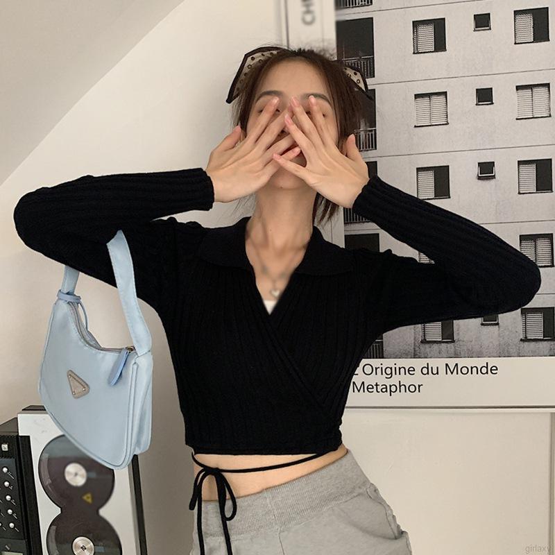 Áo croptop dệt kim tay dài cổ chữ V màu trơn phong cách Hàn Quốc cho nữ