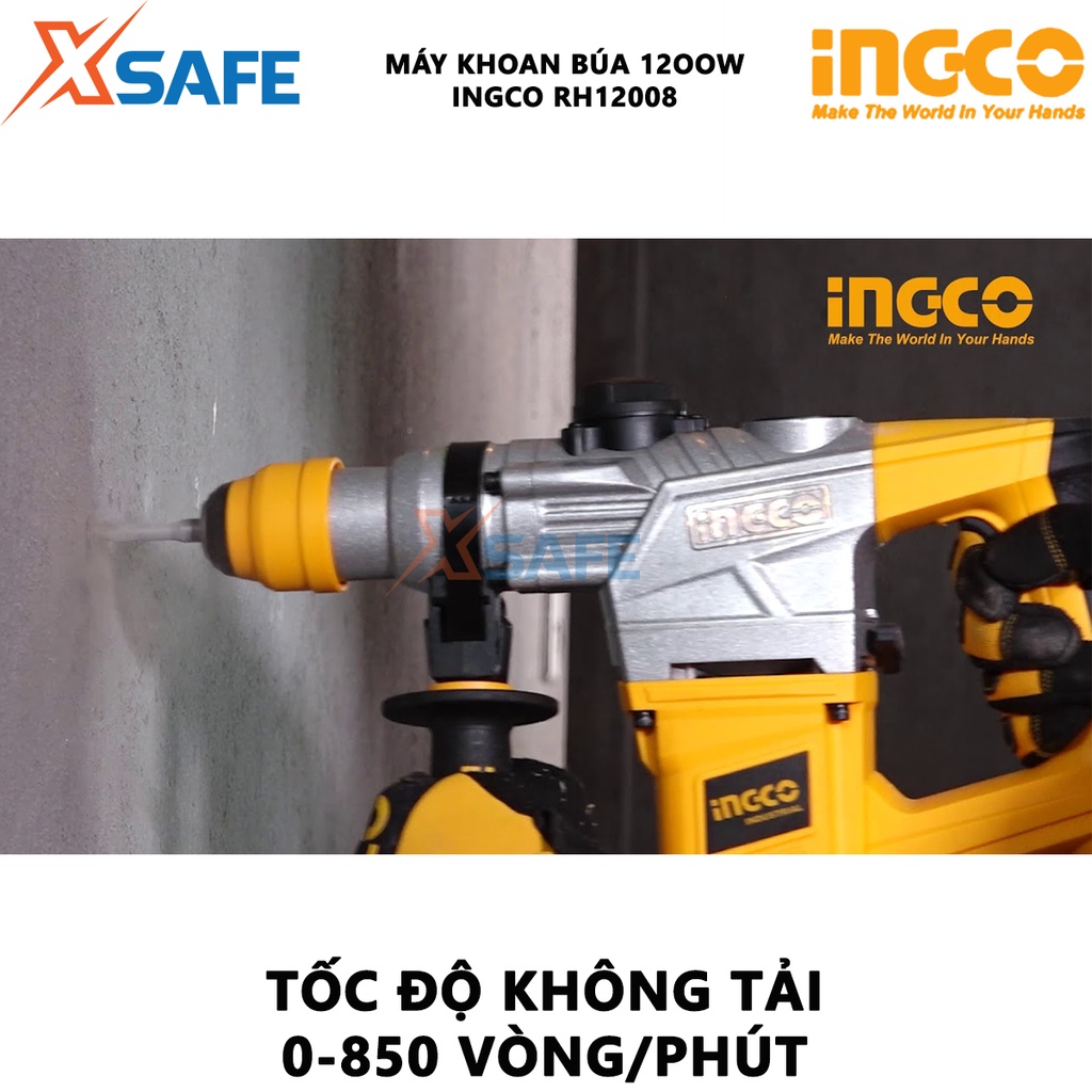 Máy khoan búa INGCO RH12008 công suất 1200W máy khoan đục bê tông, thép, gỗ, khoan đục phá tường, bê tông - chính hãng