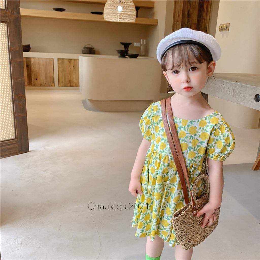 Váy hoa nhí bé gái đan dây lưng siêu xinh, điệu đà chất liệu thô đũi mát mẻ