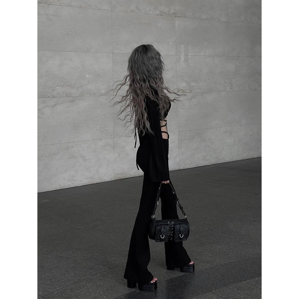 SÉT ÁO ĐAN DÂY CỔ YẾM + QUẦN ỐNG LOE MÀU ĐEN SIÊU SANG CHẢNH SEXY M020