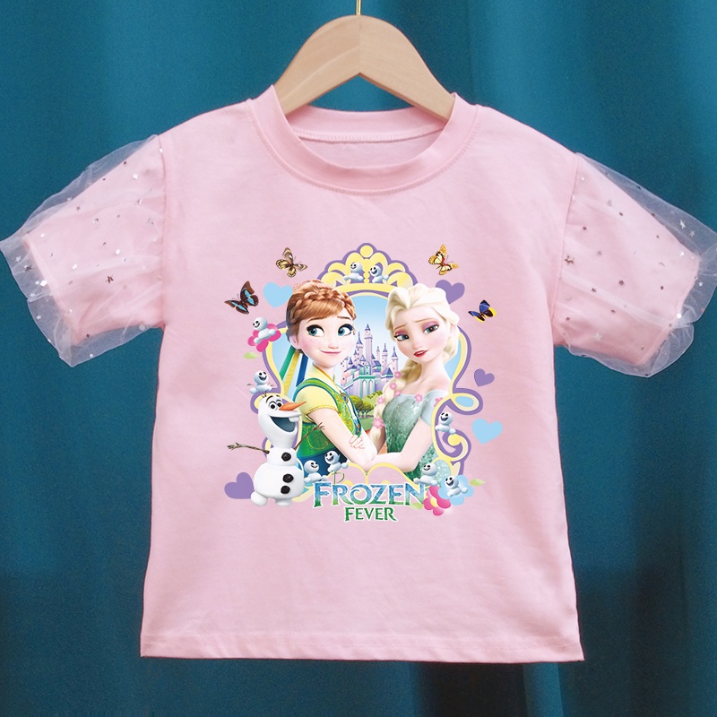 Áo Thun Tay Phồng 100% Cotton Thoáng Khí In Họa Tiết Hoạt Hình Elsa Xinh Xắn Cho Bé Gái