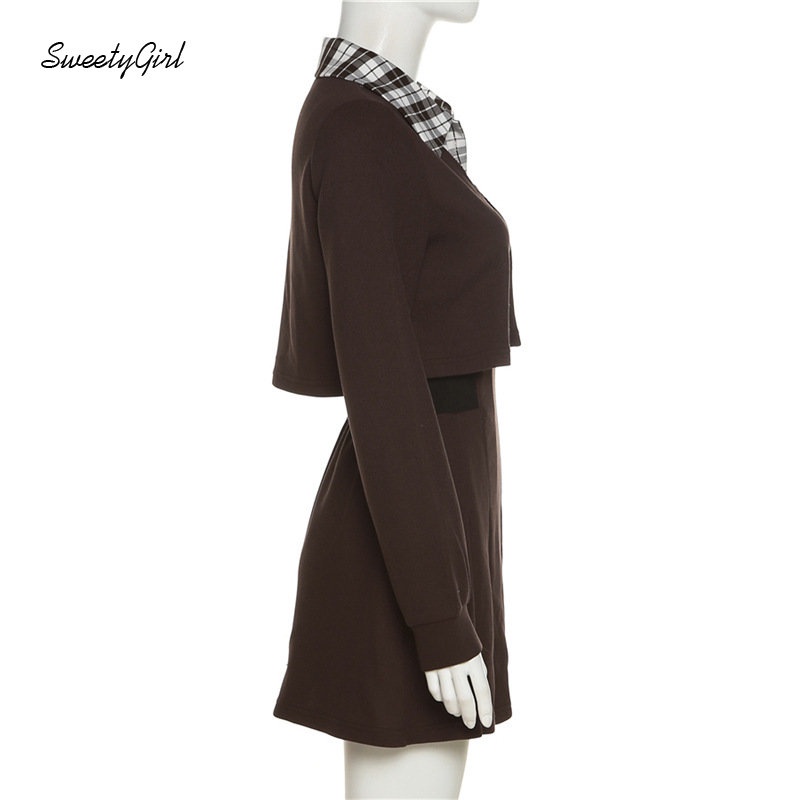 Đầm Mini Tay Dài Cổ Bẻ Họa Tiết Kẻ Sọc Màu Nâu Tương Phản Thời Trang 2022 Cho Nữ