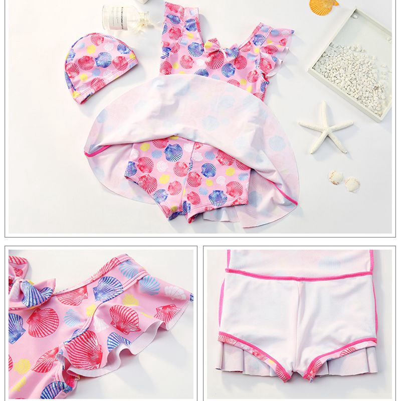 Pretty Girls Swimming Dresses+Swimming Cap 2pcs Korea Print Sports Swimsuit INS Kids Fashion Swim Wear