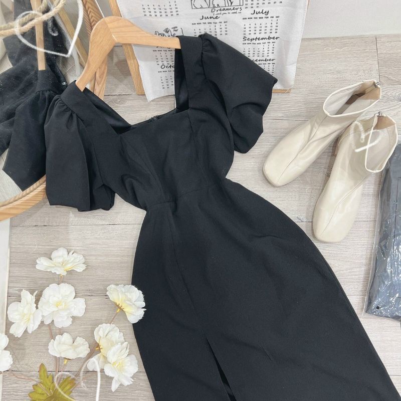 Đầm váy body tay phồng xẻ đùi tôn dáng