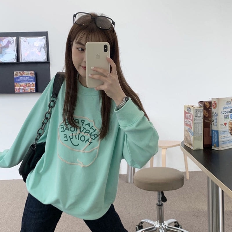 Áo sweater nỉ mỏng mùa thu nữ in chữ màu pastel xanh mint siêu xinh mẫu mới thu đông kiểu Hàn có size