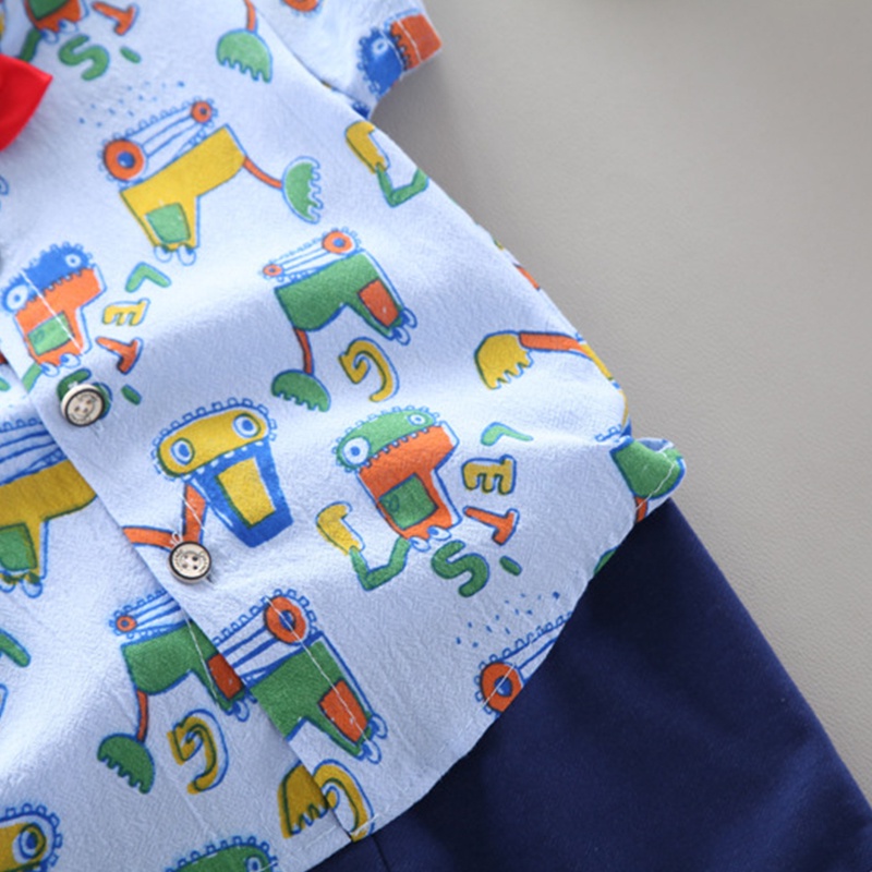 Set Áo Thun Cotton Ngắn Tay Và Quần Short In Hình Xe Xúc Hoạt Hình Cho Bé Trai