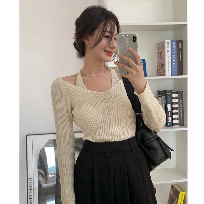 Áo Sweater Dệt Kim Tay Dài Trễ Vai Dáng Rộng Thời Trang Cho Nữ