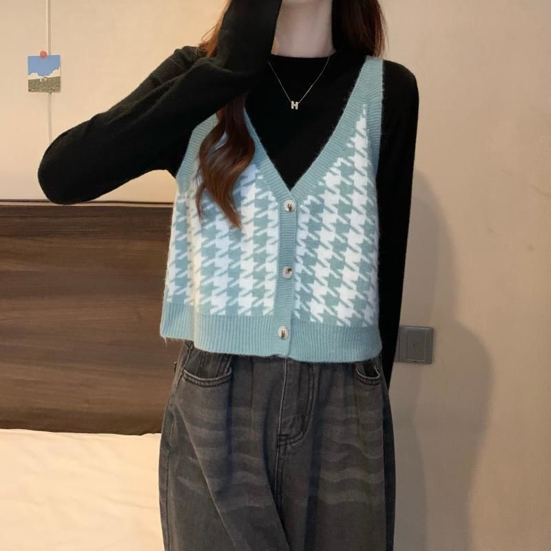 Áo Sweater Dệt Kim Không Tay Màu Sắc Tương Phản Phong Cách Hàn Quốc Cho Nữ