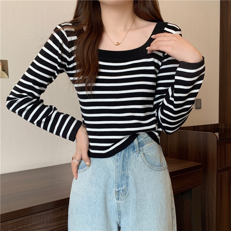 Áo len ZHELIHANGFEI tay dài họa tiết kẻ sọc thời trang dành cho nữ