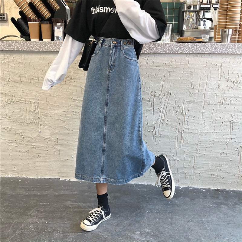 Chân váy denim dài xẻ tà thời trang mùa thu năng động retro