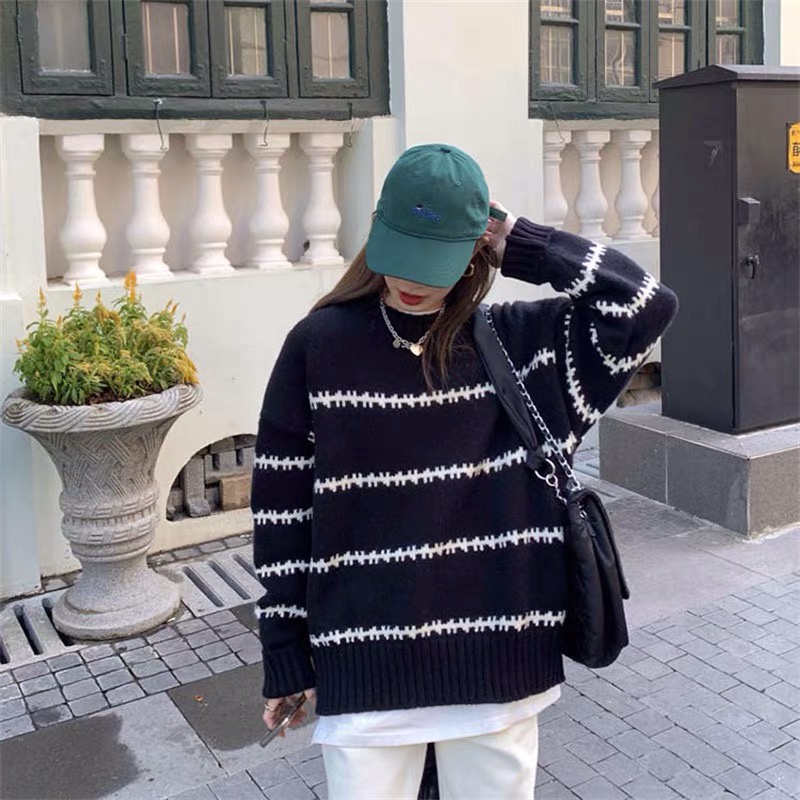 Áo len chui đầu cổ 3 phân kẻ sọc ngang nhỏ Forgirl dày dặn dáng rộng