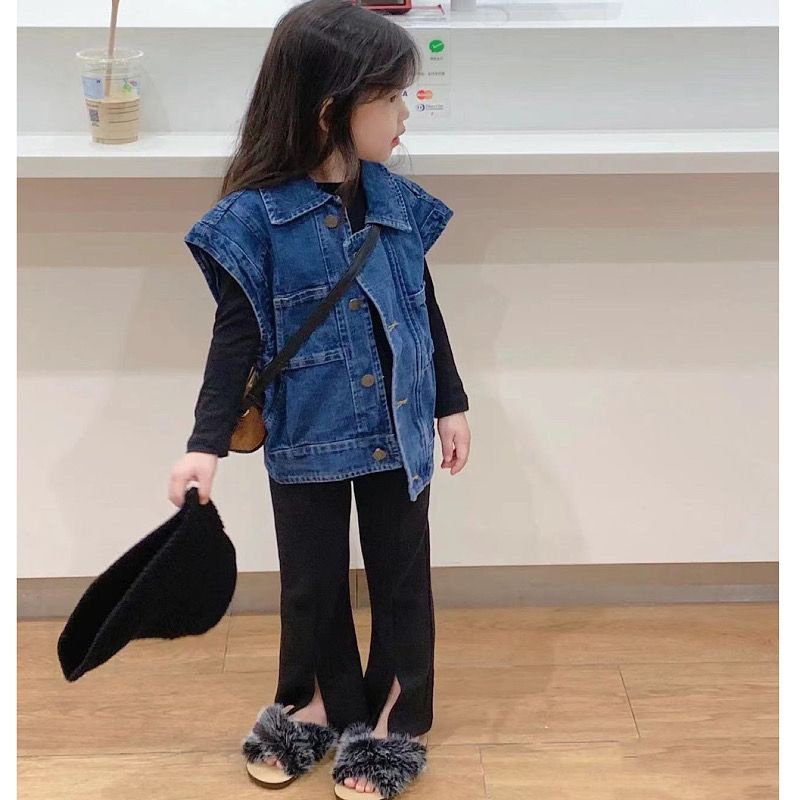 [Hàng Có Sẵn] Set Áo Sơ Mi Và Áo Khoác Denim Không Tay Dáng Rộng Dễ Phối Đồ Hợp Thời Trang Xuân Thu Cho Bé Gái