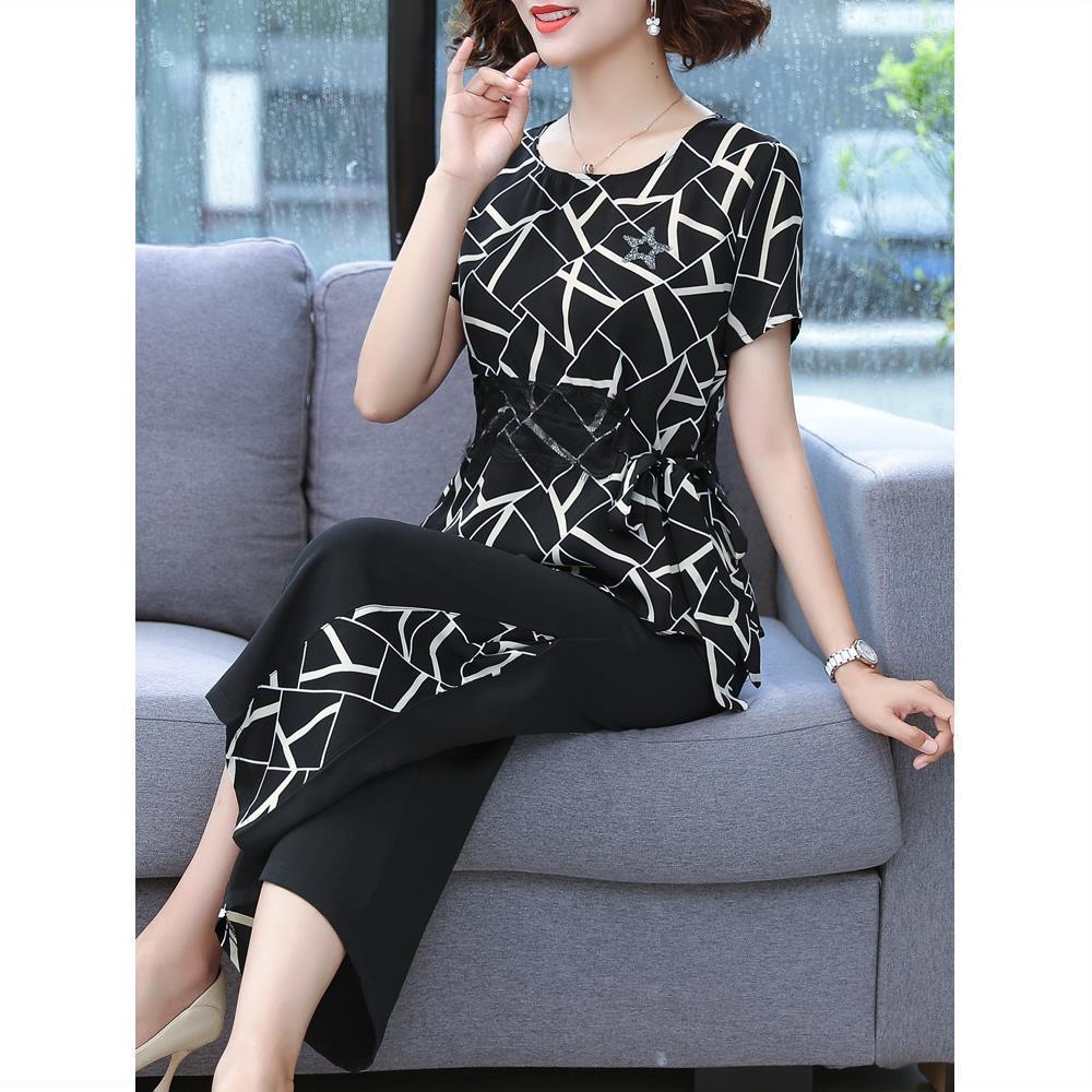 Set Áo chiffon Tay Ngắn + Quần Ống Rộng Thời Trang Mùa Hè Cho Phụ Nữ Trung Niên