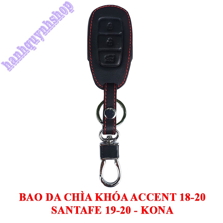 Bao da chìa khóa Hyundai Accent 2018-2020, Santafe 2019-2020, KONA màu đen chỉ đỏ tặng kèm móc