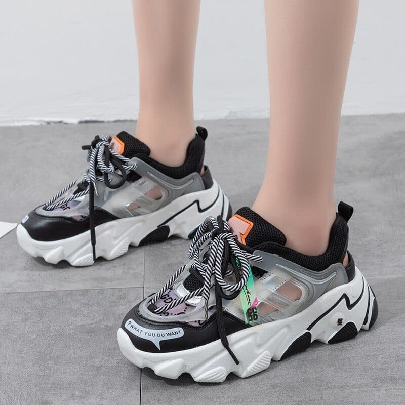 Giày Thể Thao Nữ, Giày Sneakers Chunky Thoáng Khí Hậu Sandal Độn Đế 5Cm Thời Trang Sang Chảnh Màu Đen Trắng | BigBuy360 - bigbuy360.vn