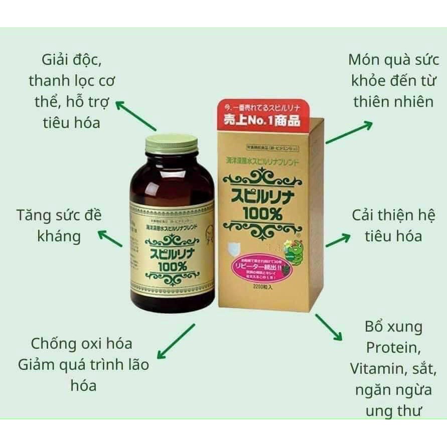 Tảo xoắn Spirulina Algae Nhật Bản giảm quá trình lão hoá, thanh lọc cơ thể hộp 2200 viên - CO119