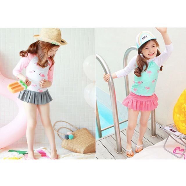 Bộ bơi dài tay bé gái họa tiết hồng hạc siêu cute DB06