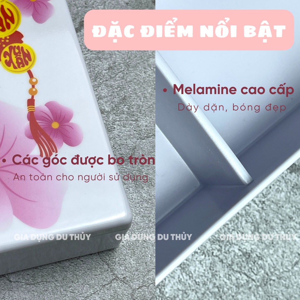 Hộp đựng mứt tết nhiều ngăn nhựa cao cấp họa tiết hoa đào, hoa mai, dưa hấu màu hồng màu đỏ