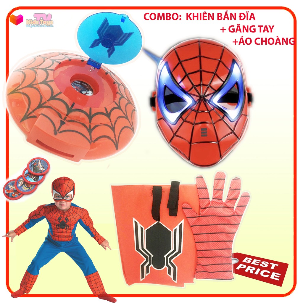 Đồ chơi siêu nhân người nhện, Spider-man, combo găng tay, áo choàng và khiên bắn đĩa có nhạc đèn KidsToys TV